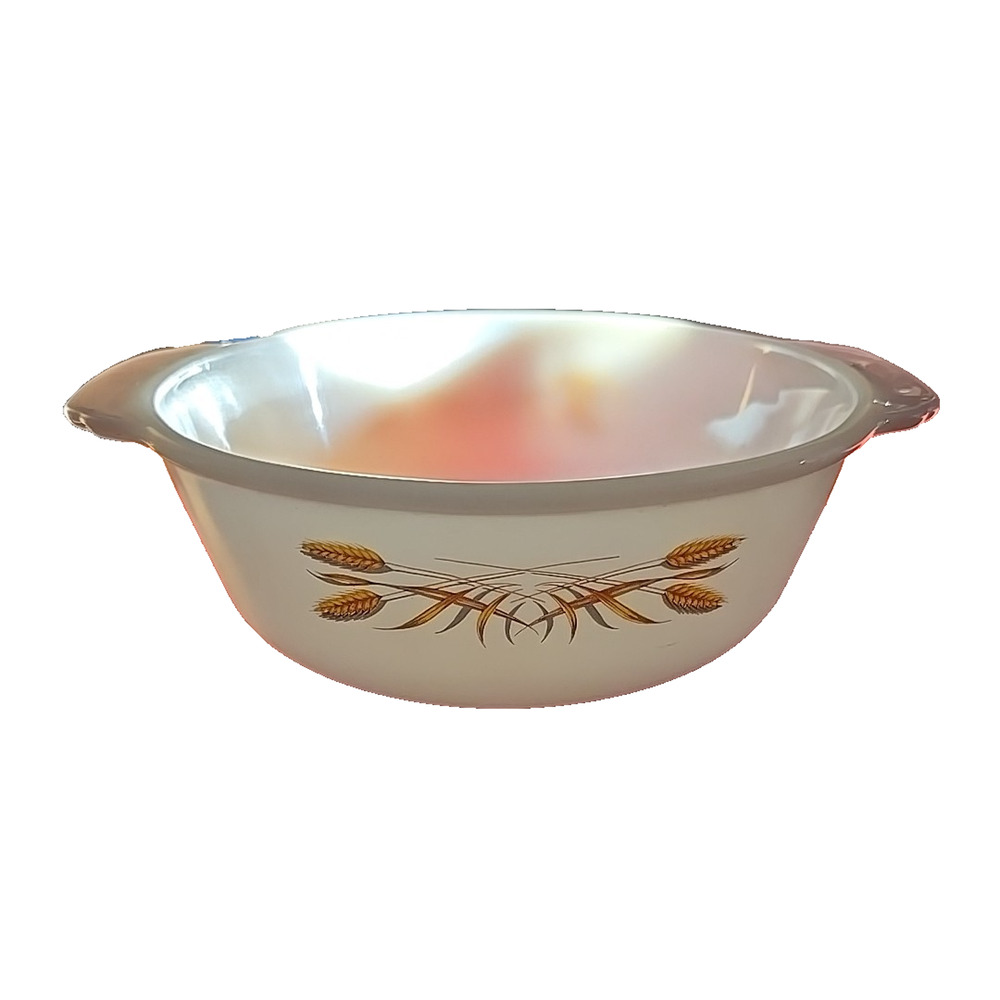 Vintage Fire King Anchor Hocking Wheat Pattern White Round Baking Dish Casserole